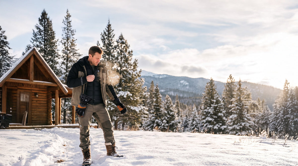 Person walking through a snowy mountain landscape near a cabin
