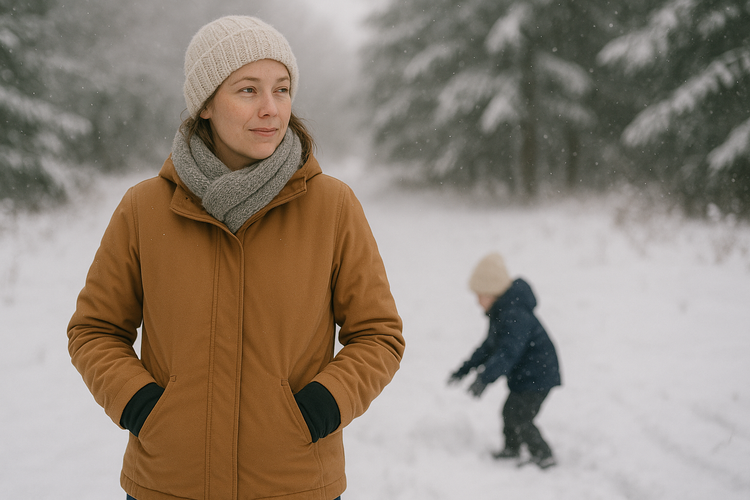 mom in snow wearing winter gloves while watching children play