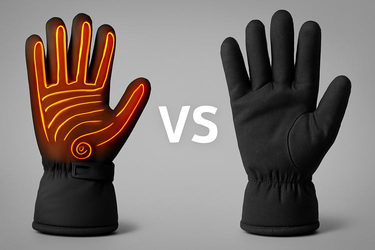 A comparison between heated gloves and regular gloves. The left glove is a heated model with glowing elements, while the right is a standard black glove, illustrating the difference in features and functionality between the two types