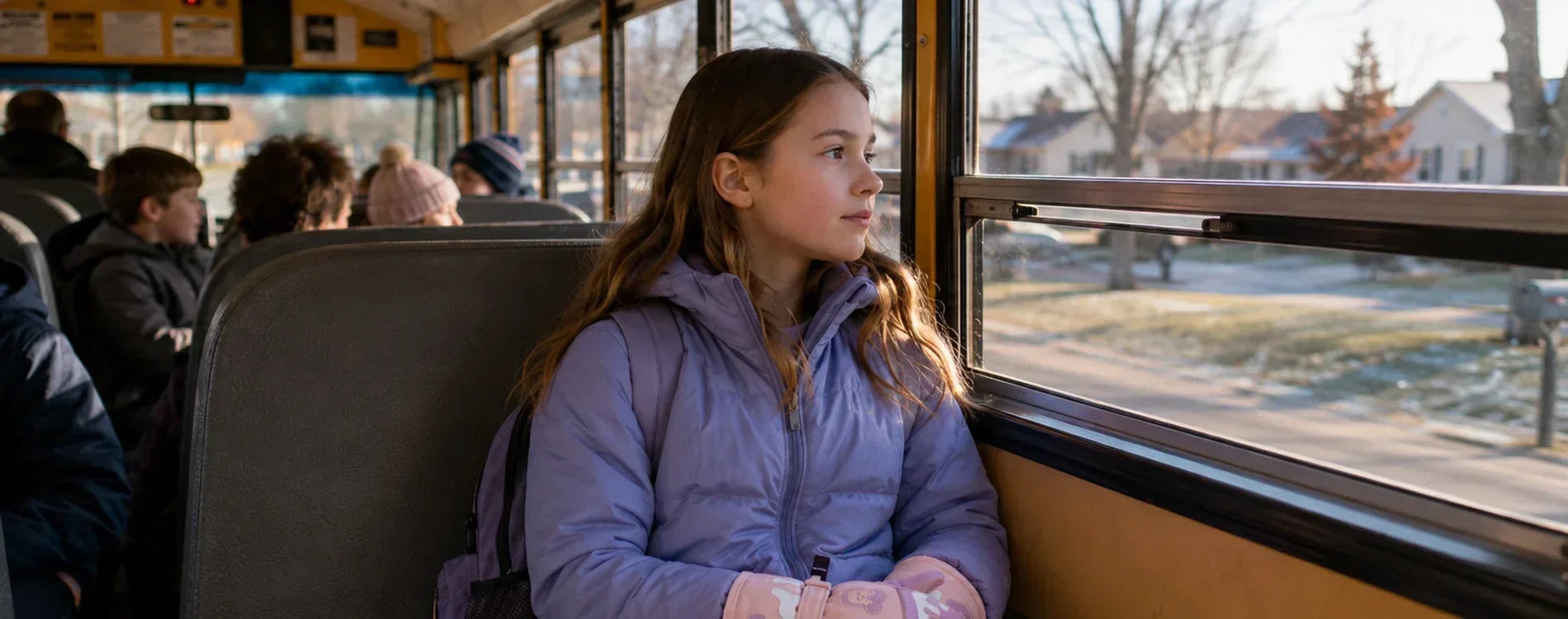 Girl wearing Savior Heat kids heated gloves while riding a school bus on a cold winter morning.