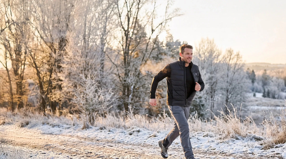 Man wearing a heated vest under a winter shell for cold weather layering