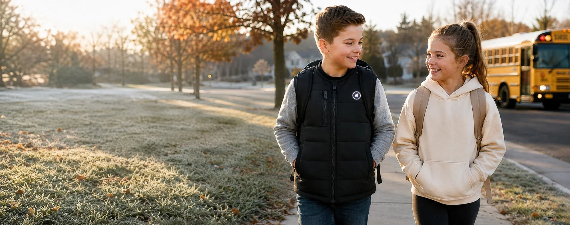 Two kids walking to school on a frosty morning, one wearing a black Savior Heat heated vest.