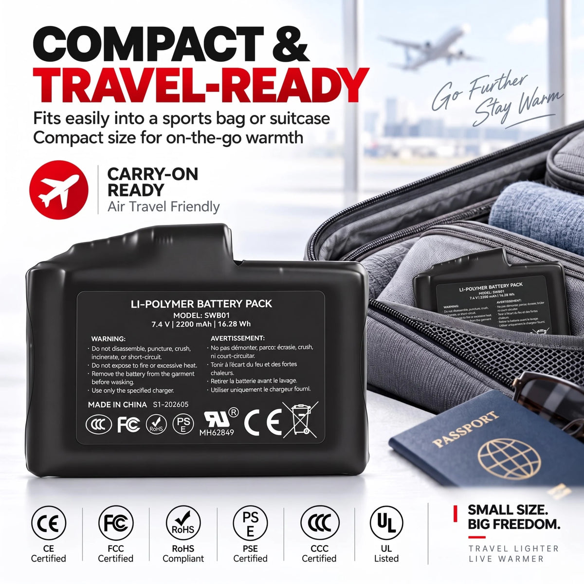 Batería recargable de iones de litio de 7,4 V y 2200MAH para calefacción, guantes, calcetines, sombrero, pasamontañas, máscara de esquí, ropa interior térmica (2 piezas incluidas)