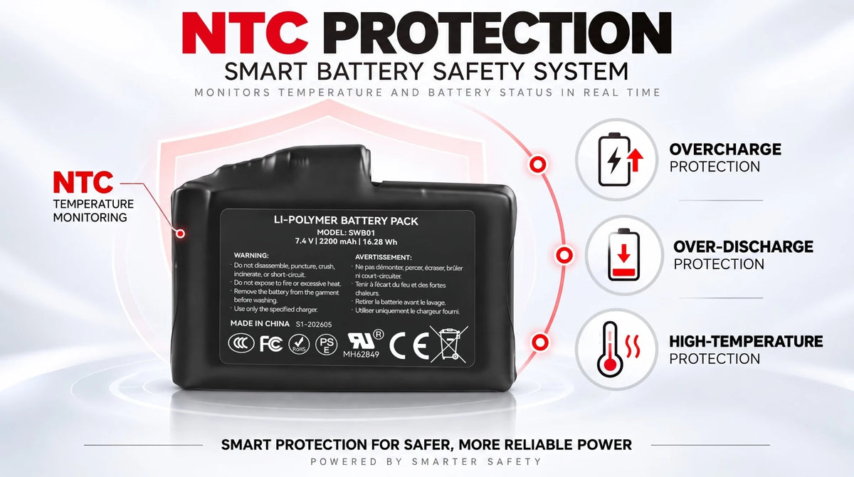 SAVIOR HEAT 2200mAh battery graphic showing NTC temperature monitoring, overcharge, over-discharge and high-temperature protection.