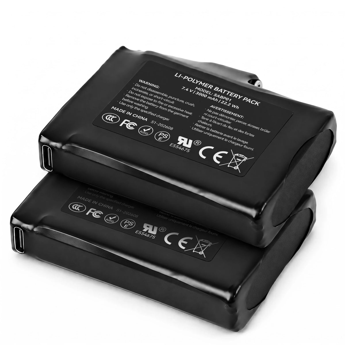 Batería recargable de iones de litio de 7,4 V y 2200MAH para calefacción, guantes, calcetines, sombrero, pasamontañas, máscara de esquí, ropa interior térmica (2 piezas incluidas)