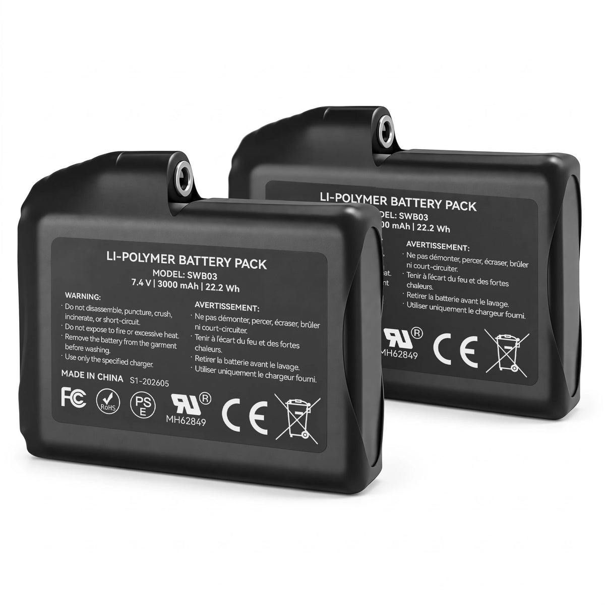 Batería recargable de iones de litio de 7,4 V y 2200MAH para calefacción, guantes, calcetines, sombrero, pasamontañas, máscara de esquí, ropa interior térmica (2 piezas incluidas)