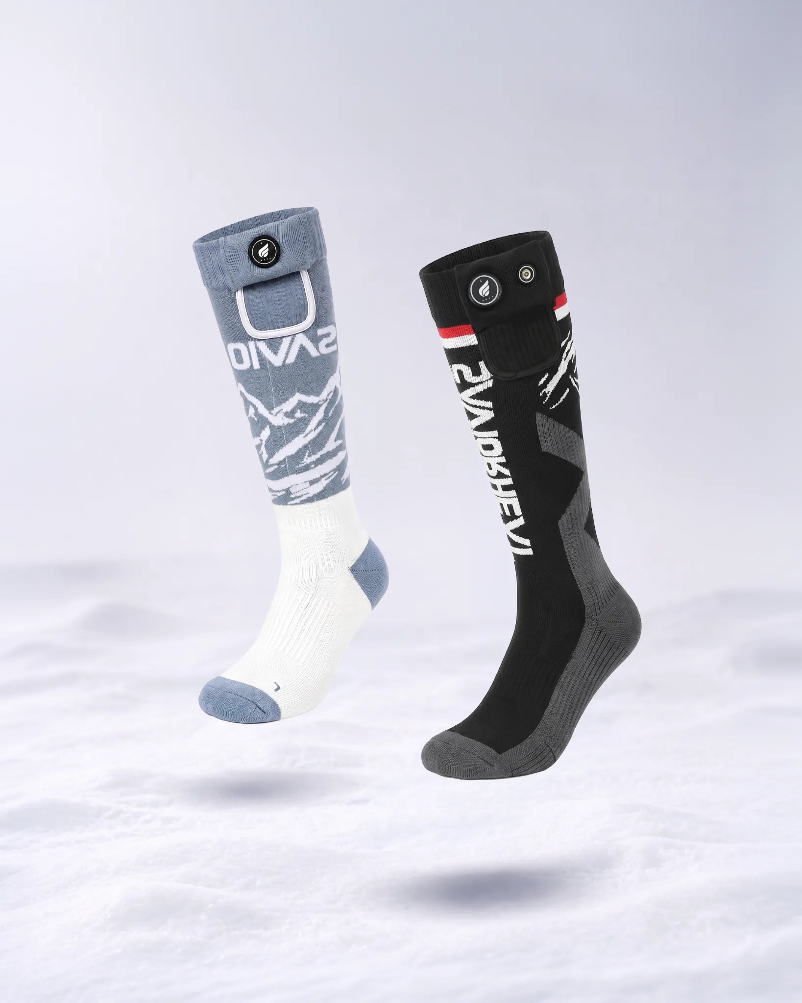 Savior Heat heated slippers in gray and beige with soft lining on a snowy winter background