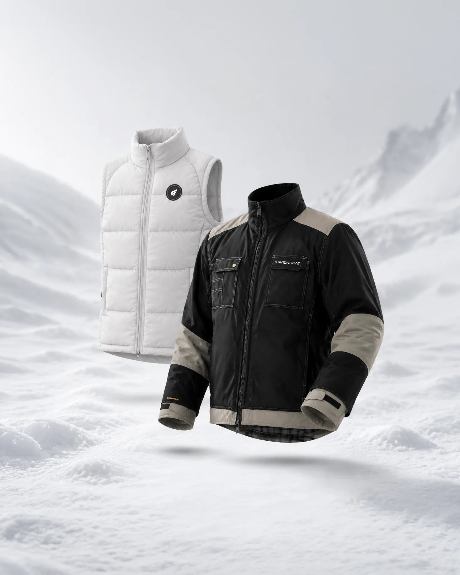 Savior Heat heated vest in white and heated jacket in black against a snowy mountain background