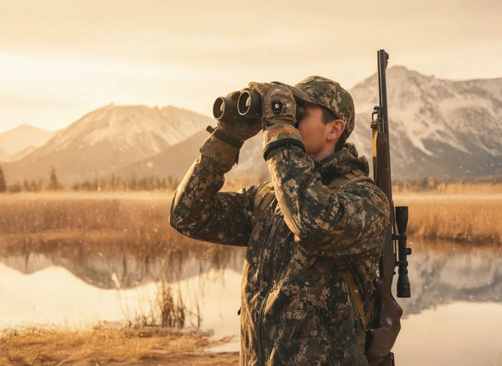 SAVIORHEAT heated hunting gloves worn by a hunter using binoculars in a mountain landscape