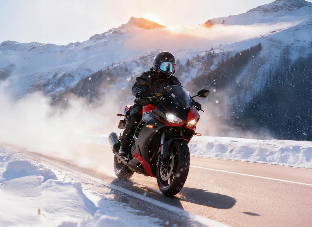 SAVIORHEAT heated motorcycle gloves for winter riding on a snowy mountain road