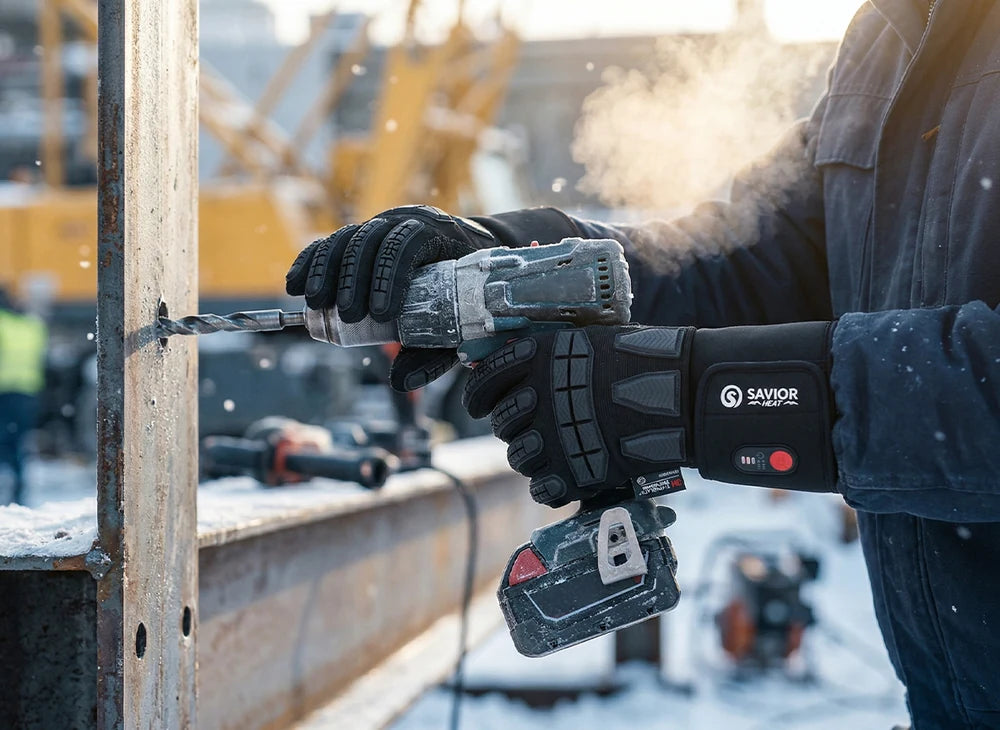 SAVIORHEAT heated work gloves used on a construction site in cold winter conditions