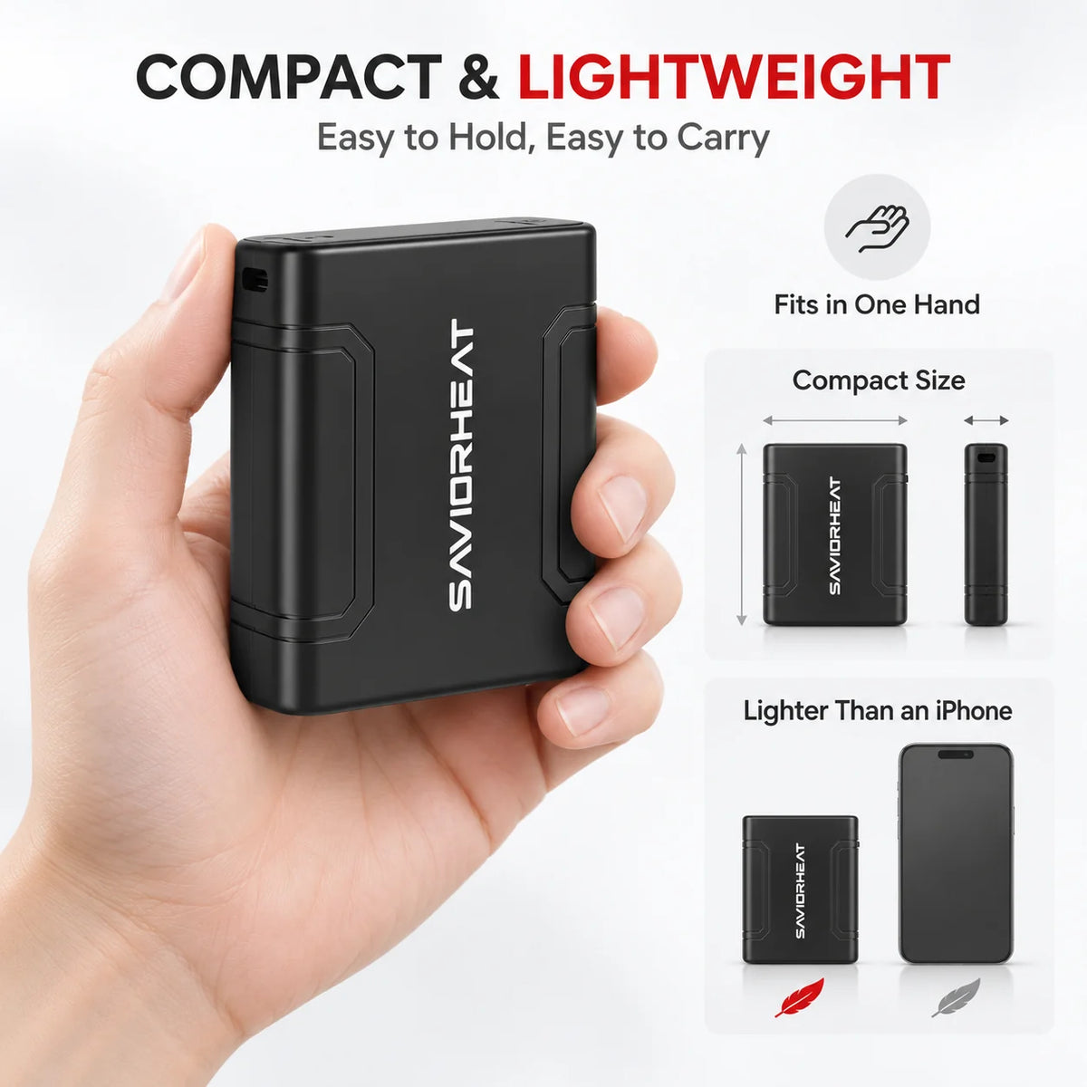 Compact lightweight SAVIORHEAT heated clothing battery held in one hand