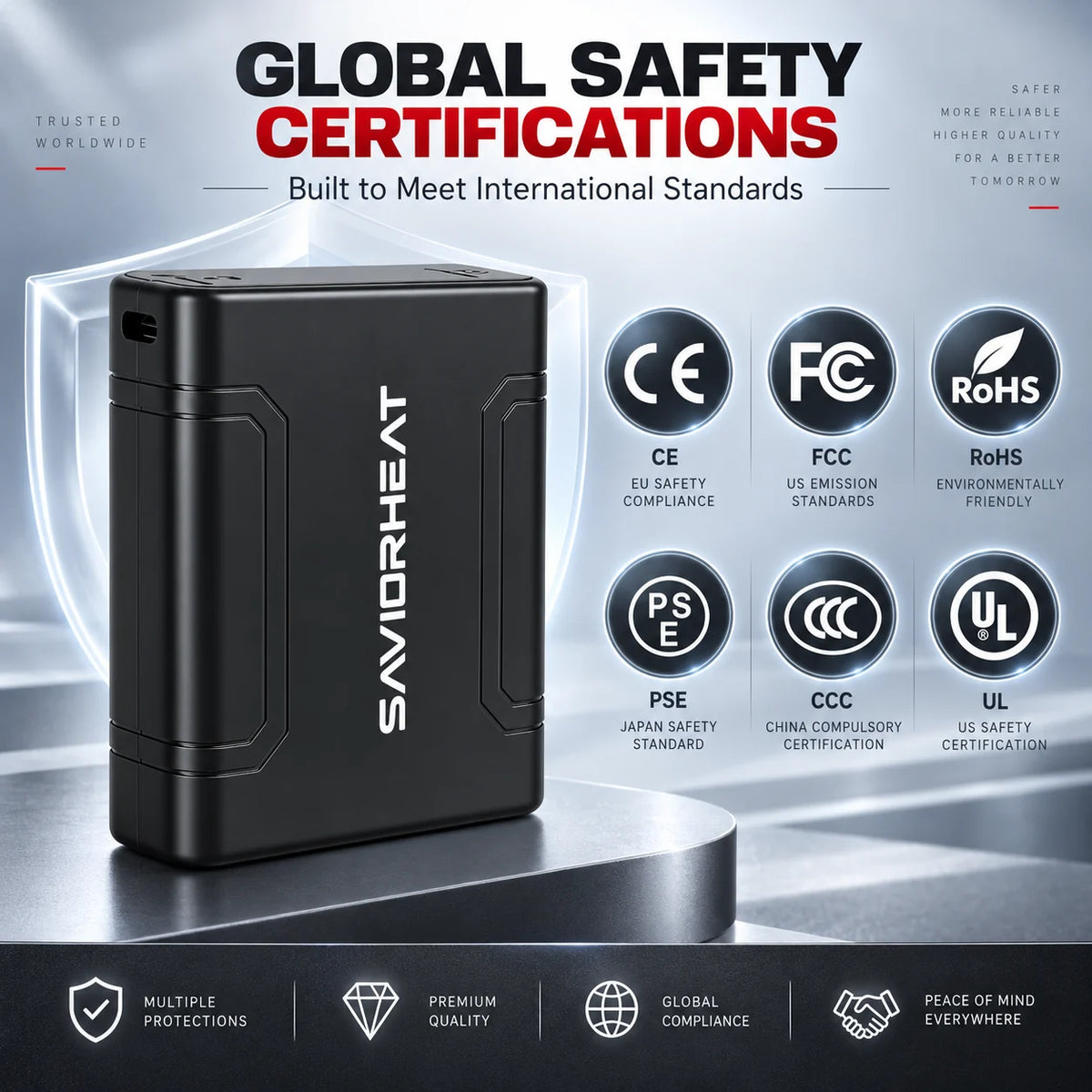 SAVIORHEAT heated clothing battery shown with CE, FCC, RoHS, PSE, CCC and UL certification icons