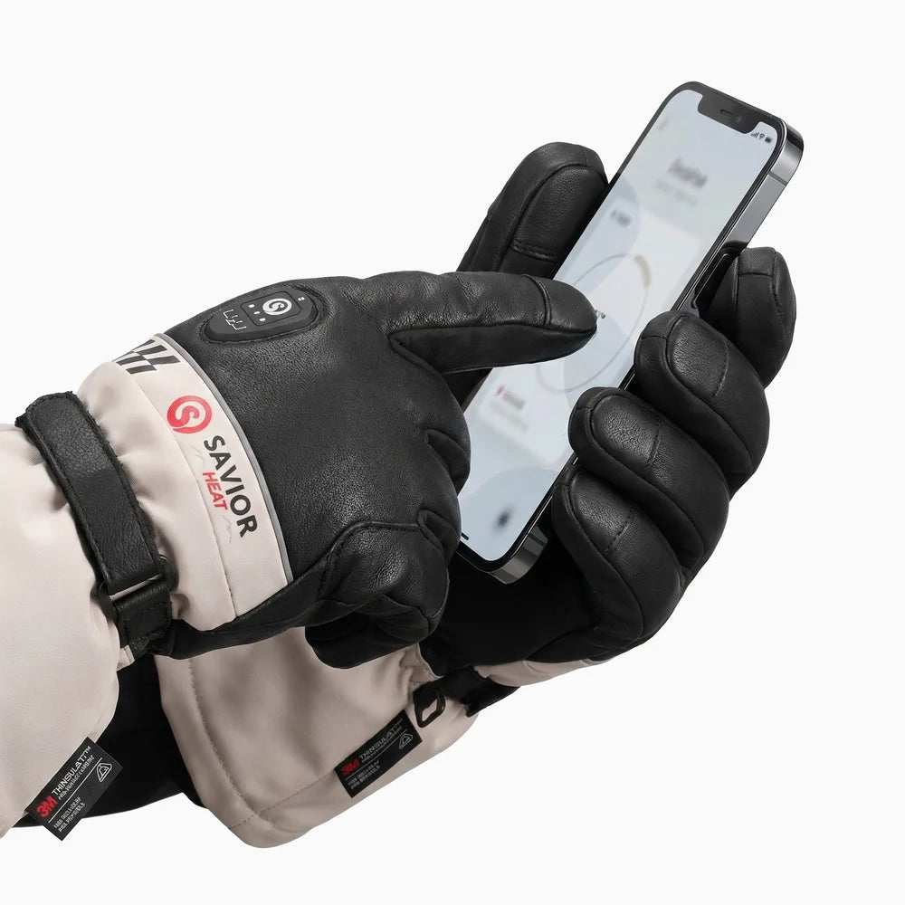 Touchscreen compatible fingertips on Goatskin Heated Ski Gloves