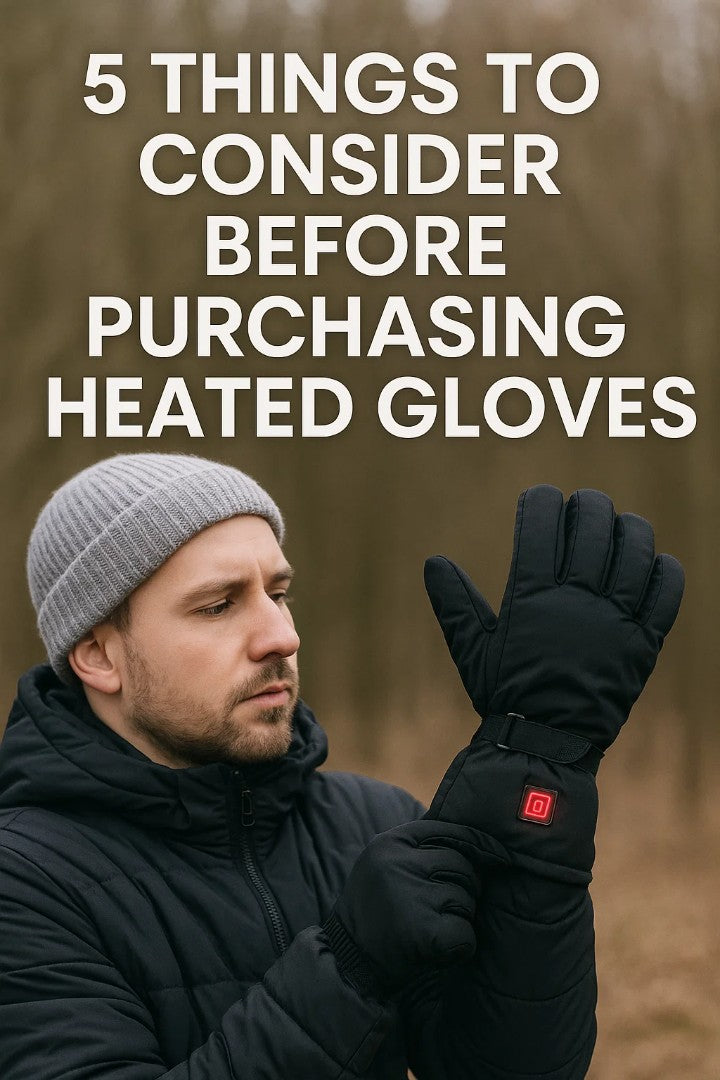 Man wearing heated gloves with red heating element, titled '5 Things to Consider Before Purchasing Heated Gloves