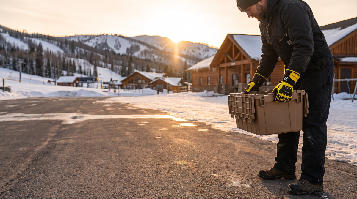 Worker wearing yellow heated work gloves while carrying a toolbox outdoors in snowy winter conditions.