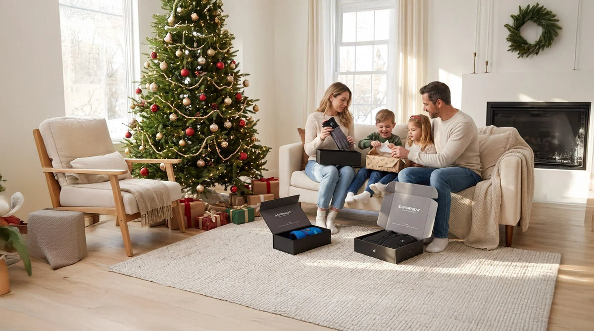 Family opening SAVIOR HEAT heated apparel Christmas gifts together beside a decorated tree.