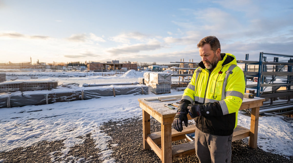 Worker in a high-visibility jacket and gloves working outdoors in snowy weather