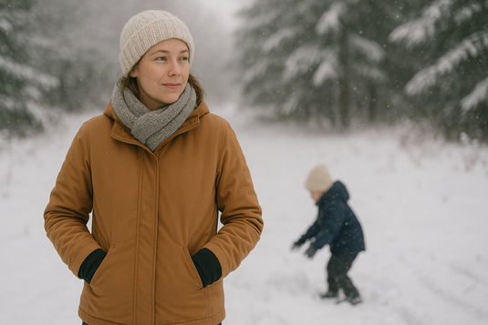 mom in snow wearing winter gloves while watching children play