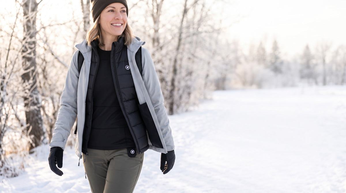 Woman wearing a heated base layer, insulated vest and winter shell in snowy weather