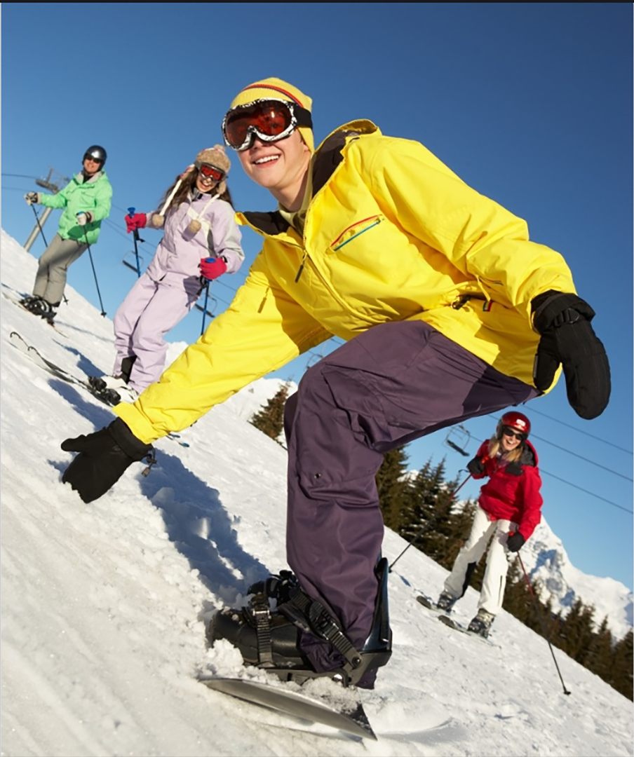 Group of skiers enjoying skiing in snowy mountains, all wearing colorful winter jackets and gloves, with a sunny sky, showcasing an active and fun winter sports experience.        询问 ChatGPT