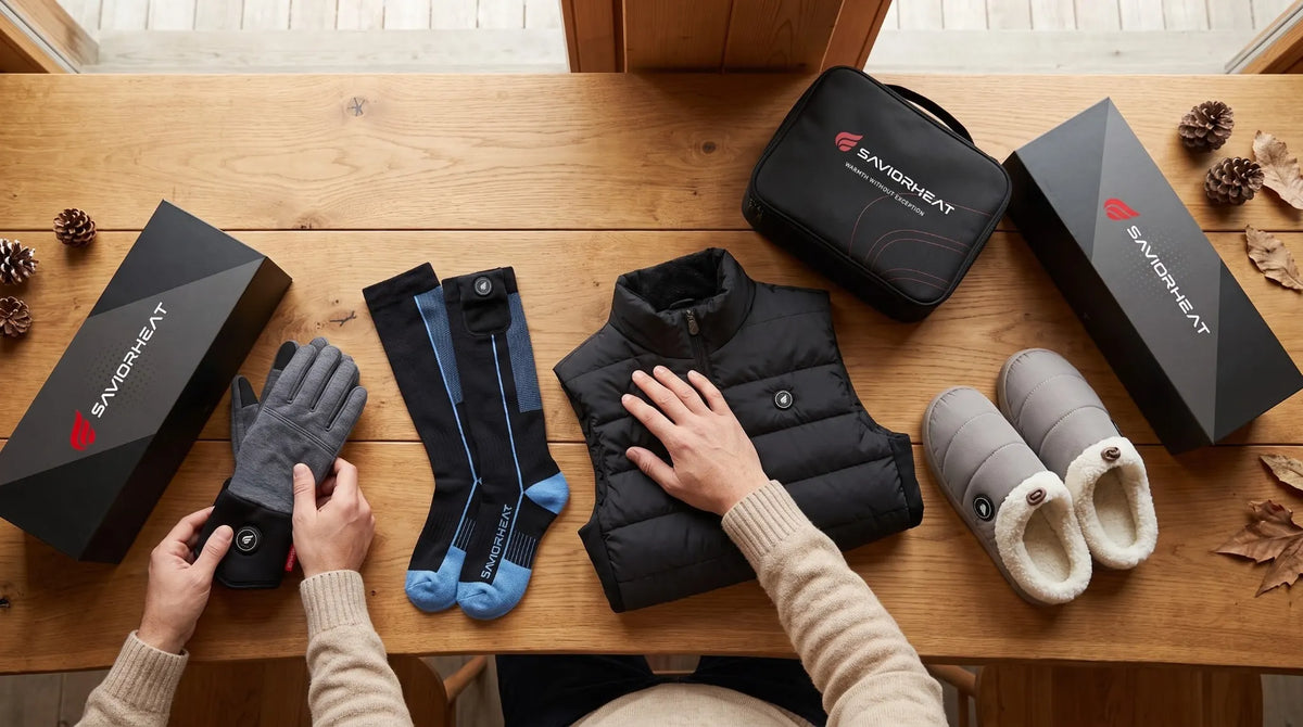 Savior Heat heated gear gift guide with heated gloves socks vest and slippers