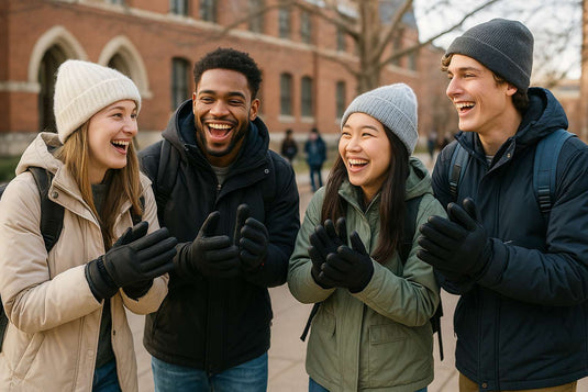 A group of college students laughing together on campus while wearing heated gloves during back-to-school season