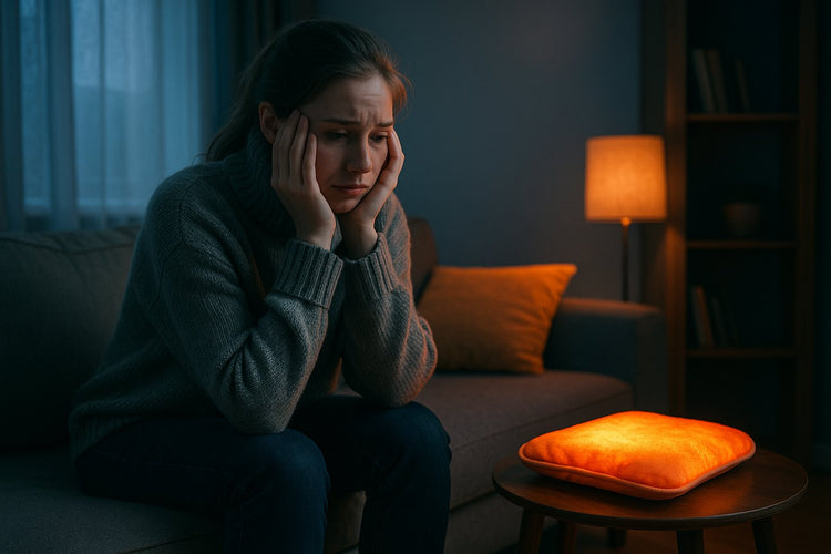 A woman feeling sad in winter sitting on a sofa with a glowing heating pad beside her, symbolizing how warmth helps relieve seasonal depression.
