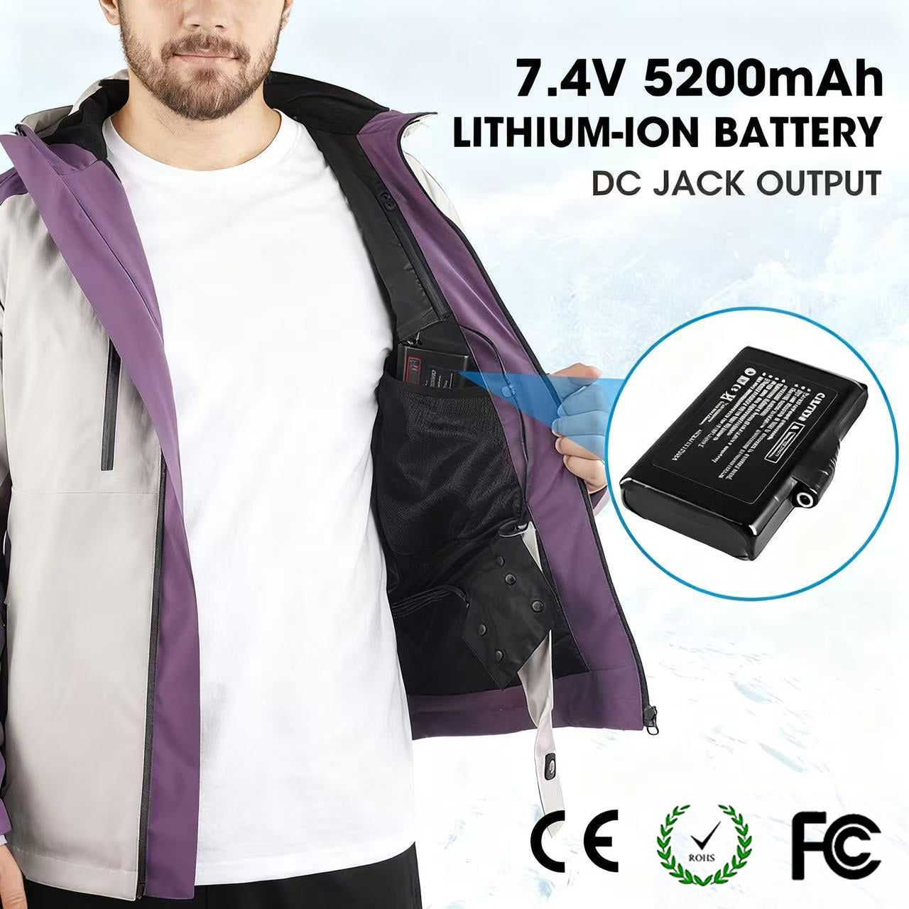 Men’s Heated Ski Jacket – Lightweight, Slim Fit, 3 Heating Zones, Fast Warm-Up, 7.4V 5200mAh Battery