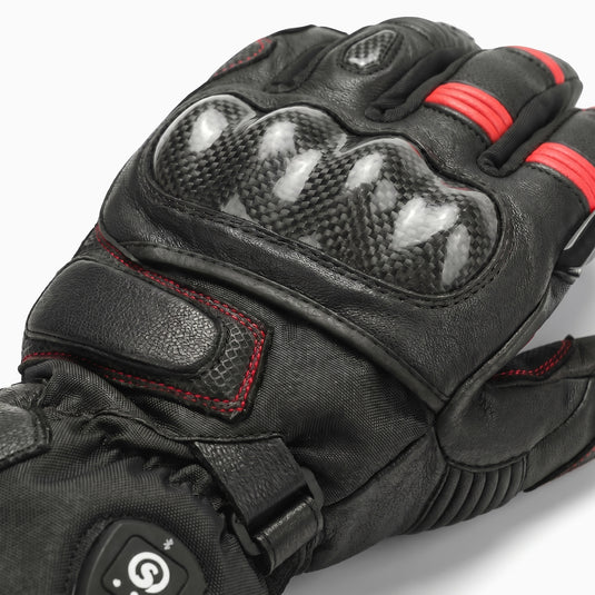 The heated motorcycle gloves feature a carbon fiber shell and silicone knuckle padding for added protection and impact resistance.