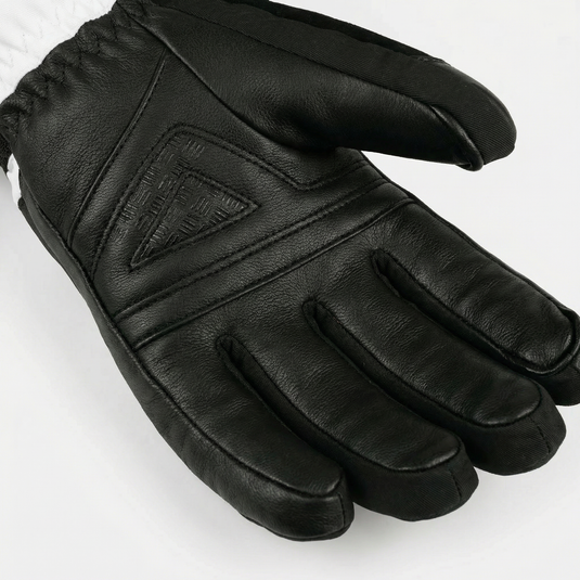 Crafted from premium black and white goatskin, the heated ski gloves are reinforced with durable 150D twill waterproof fabric for a balance of style and durability.