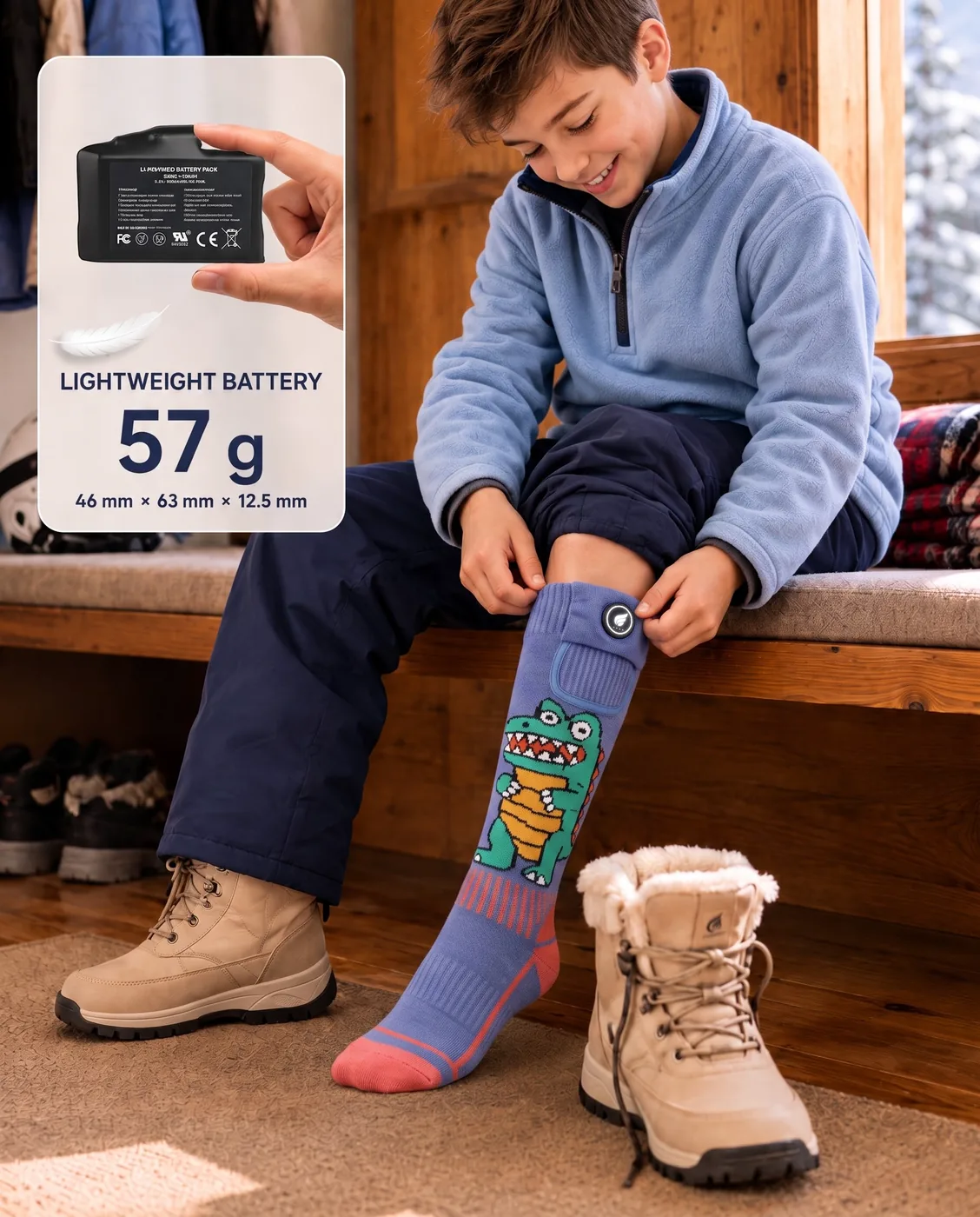 Kid-Friendly Battery - Savior Heat Crocodile-Print Kids Heated Ski Socks