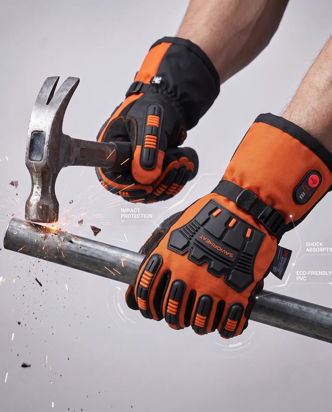 Added Work Protection - Savior Heat Heavy-Duty Heated Work Gloves - Hook-and-Loop Safety Orange