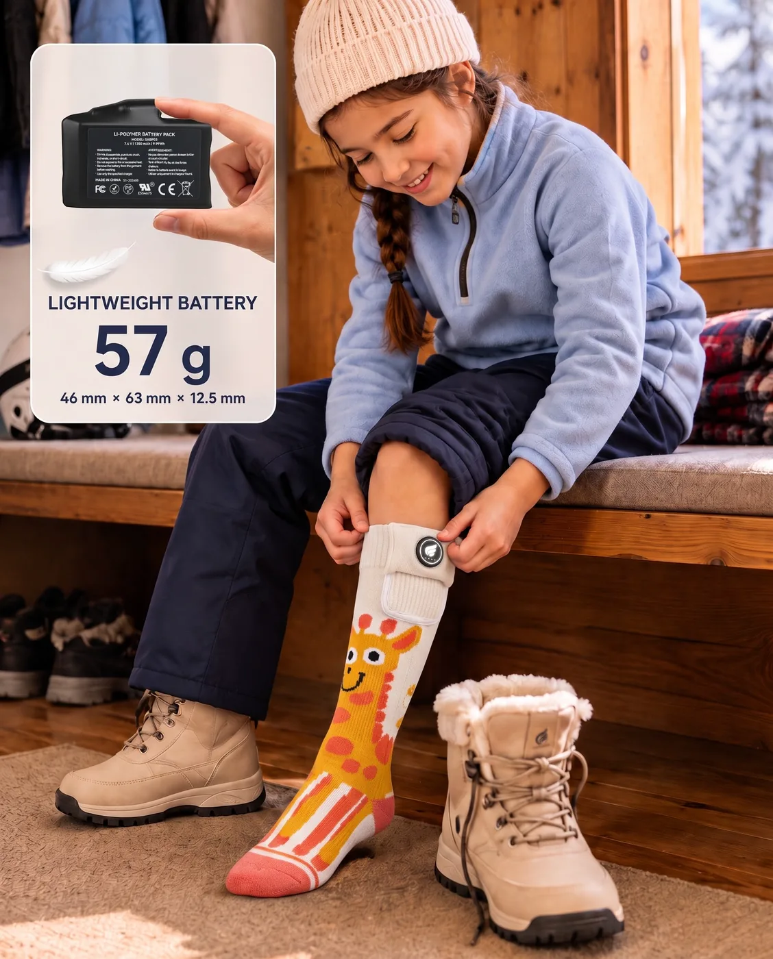 Kid-Friendly Battery - Savior Heat Giraffe-Print kids Heated Ski Socks