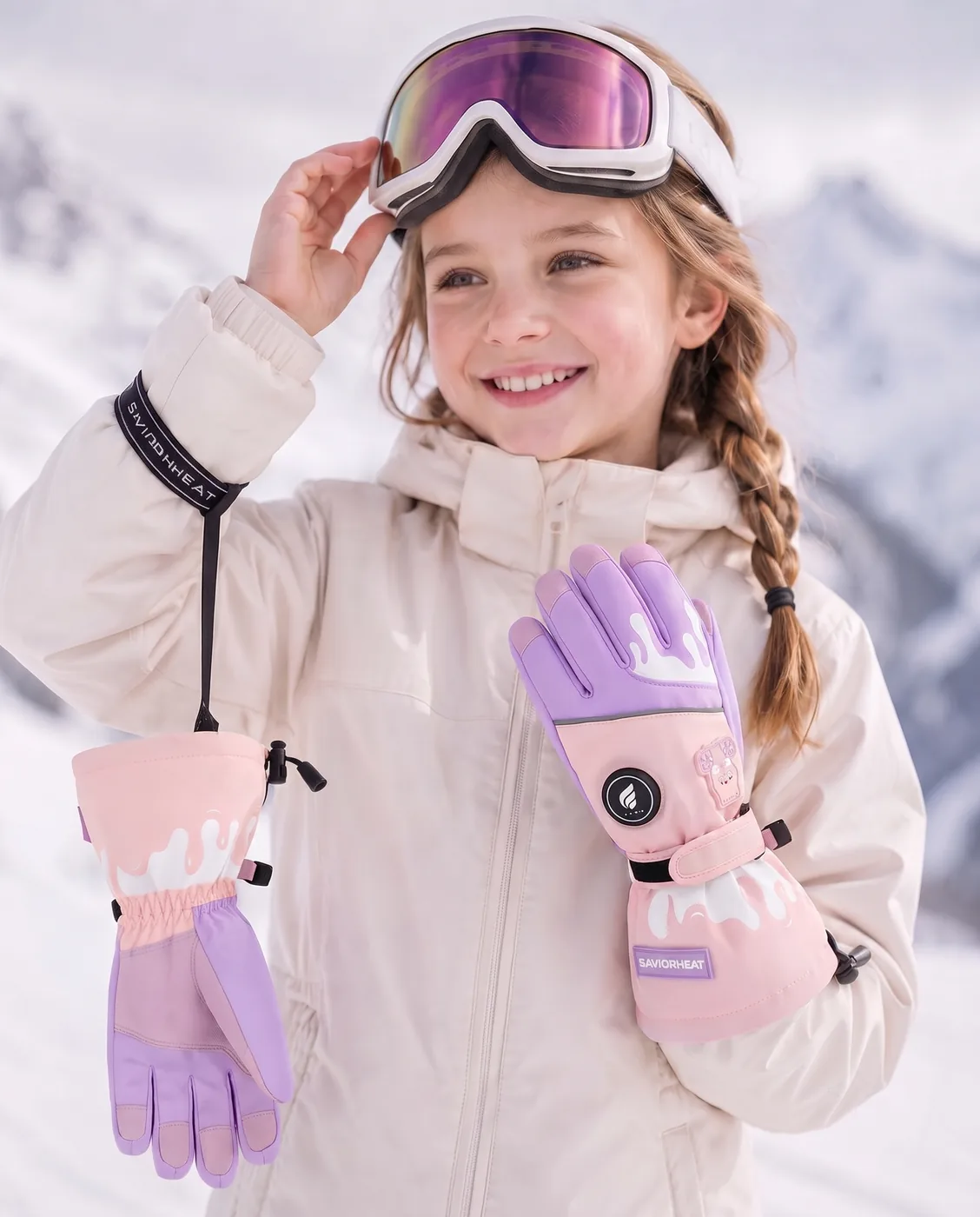 Secure Strap - Savior Heat Bear-Print Kids Heated Ski Gloves