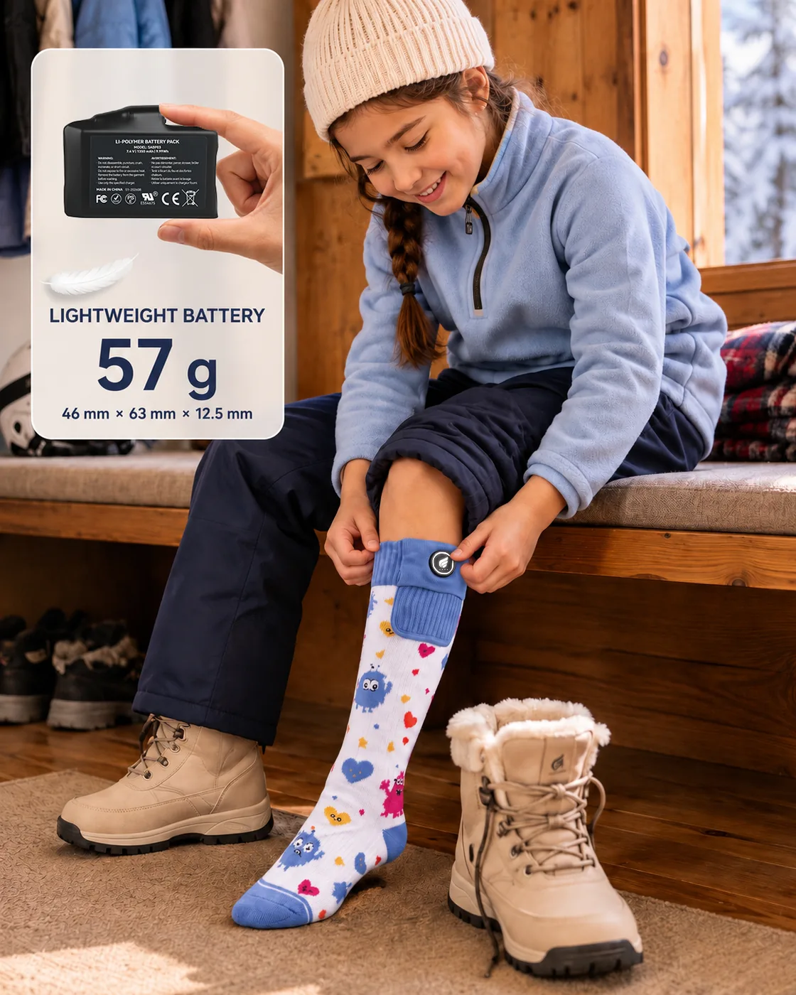 Kid-Friendly Battery - Savior Heat Monster-Print Kids Heated Ski Socks