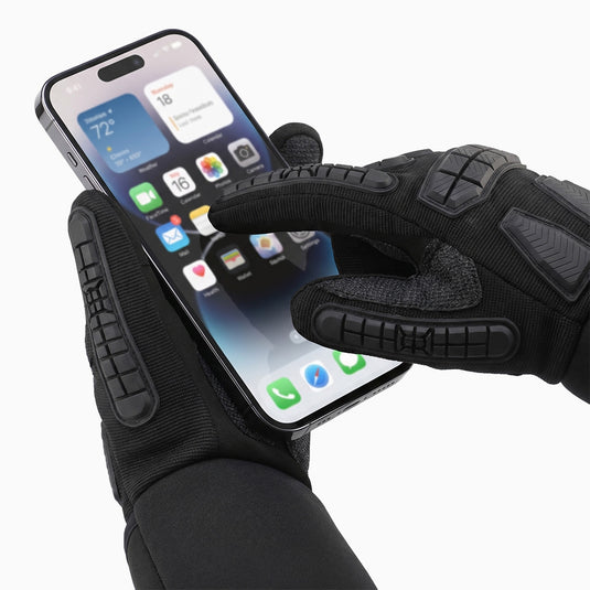 The touchscreen-compatible design of these heated work gloves allows mobile devices to be operated without removing the gloves, enabling continued connectivity.
