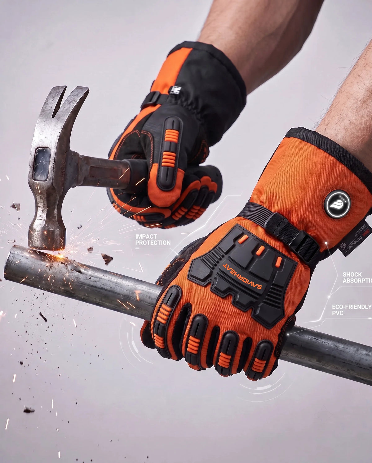 Added Work Protection - Savior Heat Heavy-Duty Heated Work Gloves - Hook-and-Loop Safety Orange