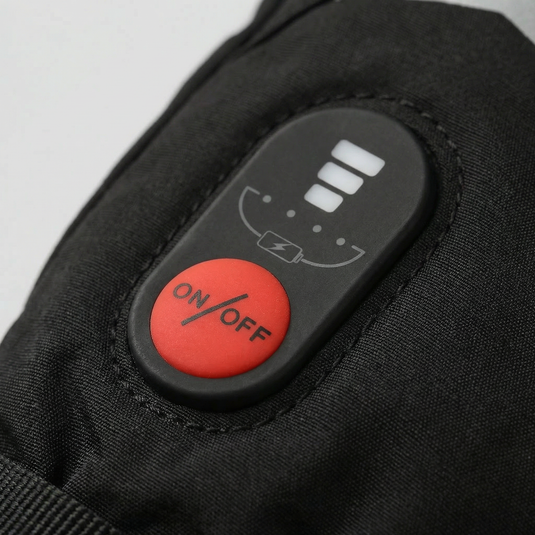 The heated gloves feature three adjustable heating levels (high, medium, and low), easily controlled with a button.