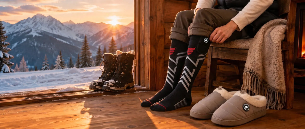Heated socks and slippers in a cosy winter cabin