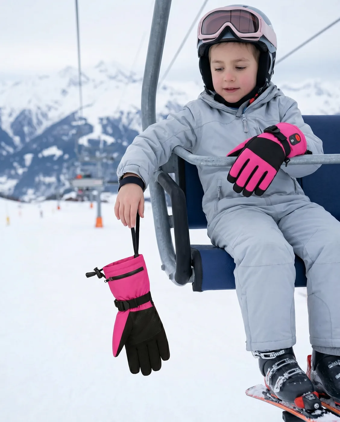 Secure Strap - Savior Heat SKGL01FP Kids Heated Winter Gloves Pink