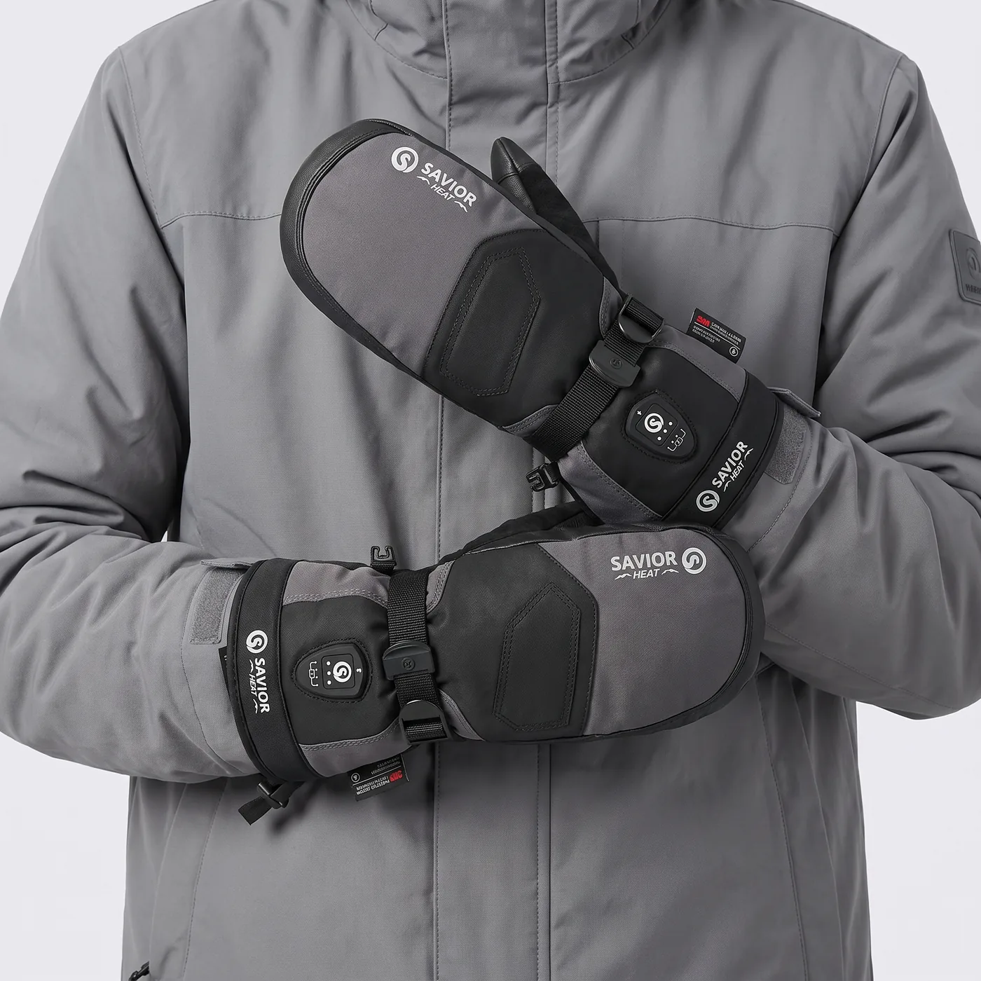 Savior Heat SKGP02MS App-Control Heated Ski Mittens 2.0 worn by model