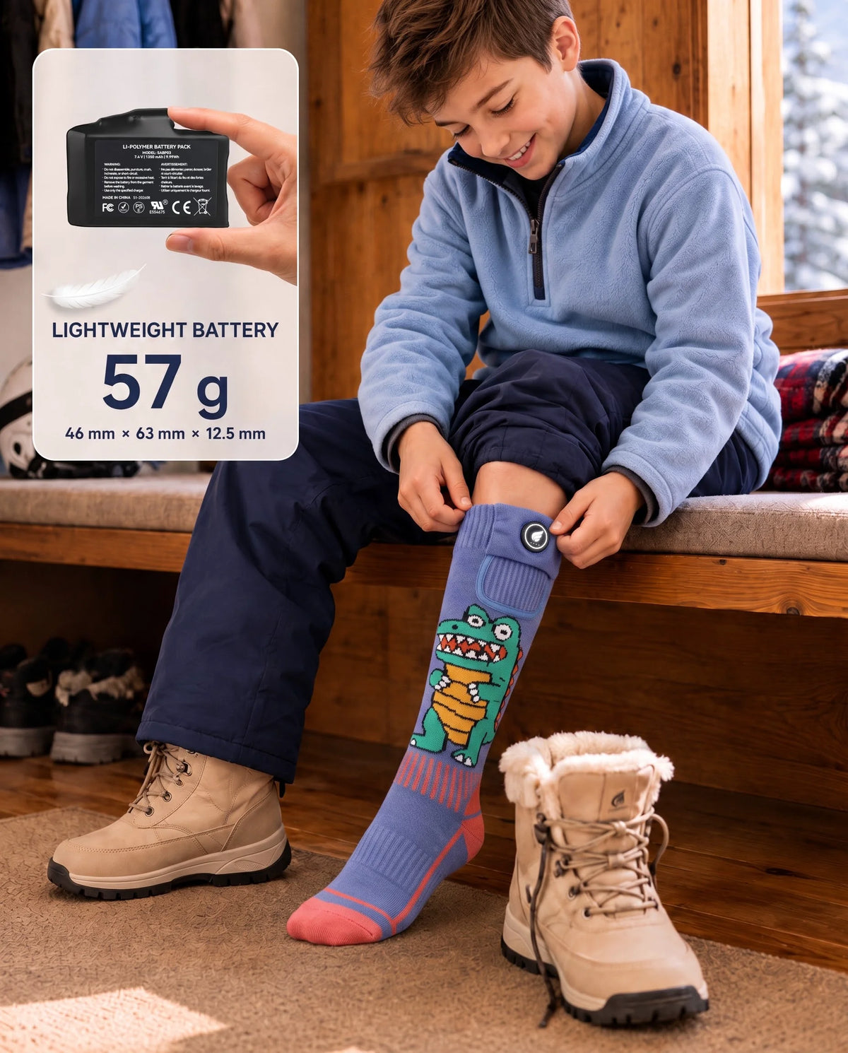Kid-Friendly Battery - Savior Heat Crocodile-Print Kids Heated Ski Socks