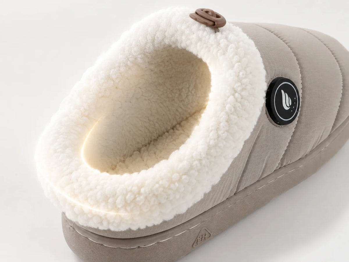 Adjustable-Cuff Heated Slippers with soft plush lining for cozy indoor foot warmth