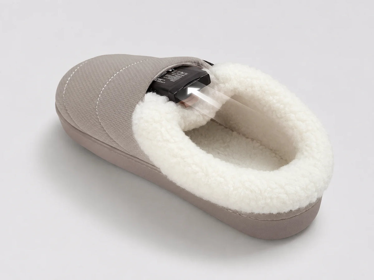 Adjustable-Cuff Heated Slippers with concealed battery pocket integrated into the slipper