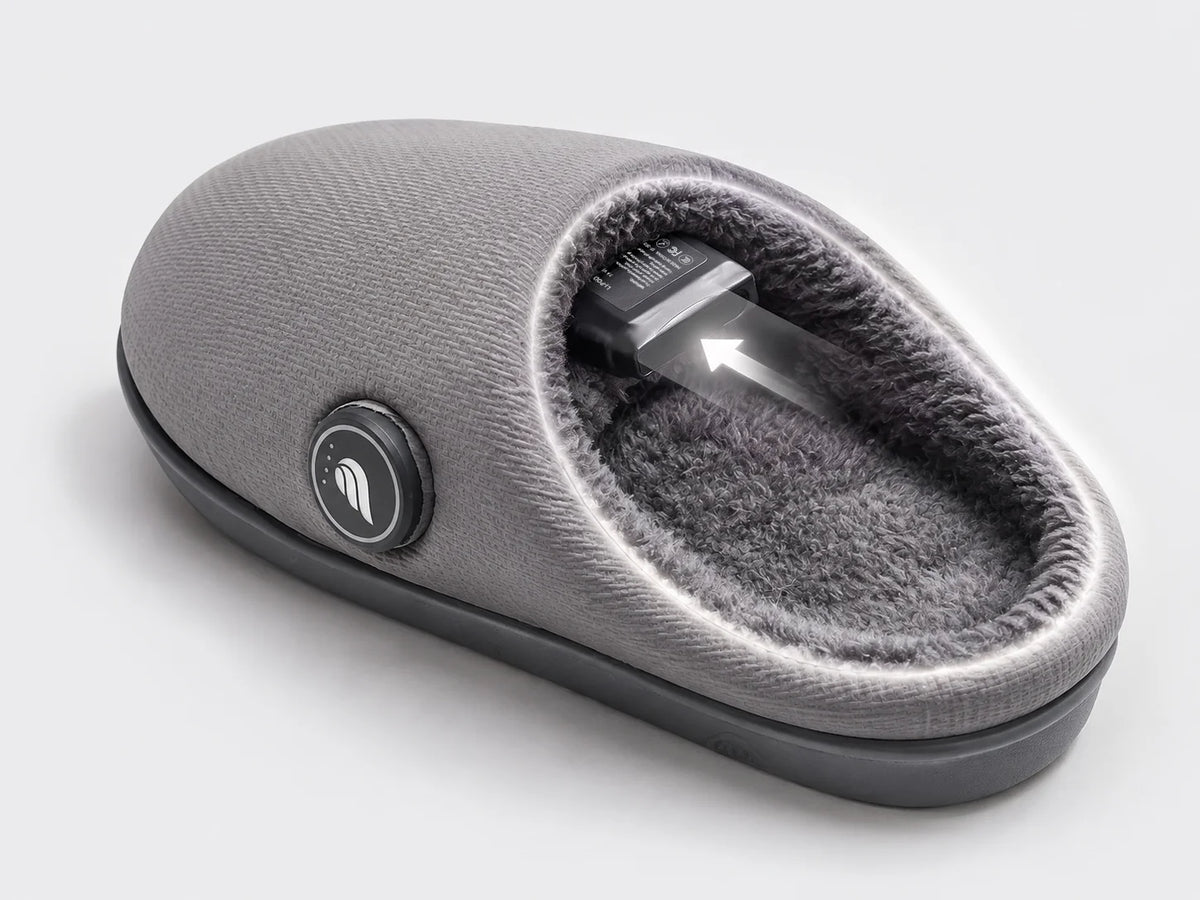 Easy Slip-On Heated Slippers with concealed battery pocket integrated into the slipper