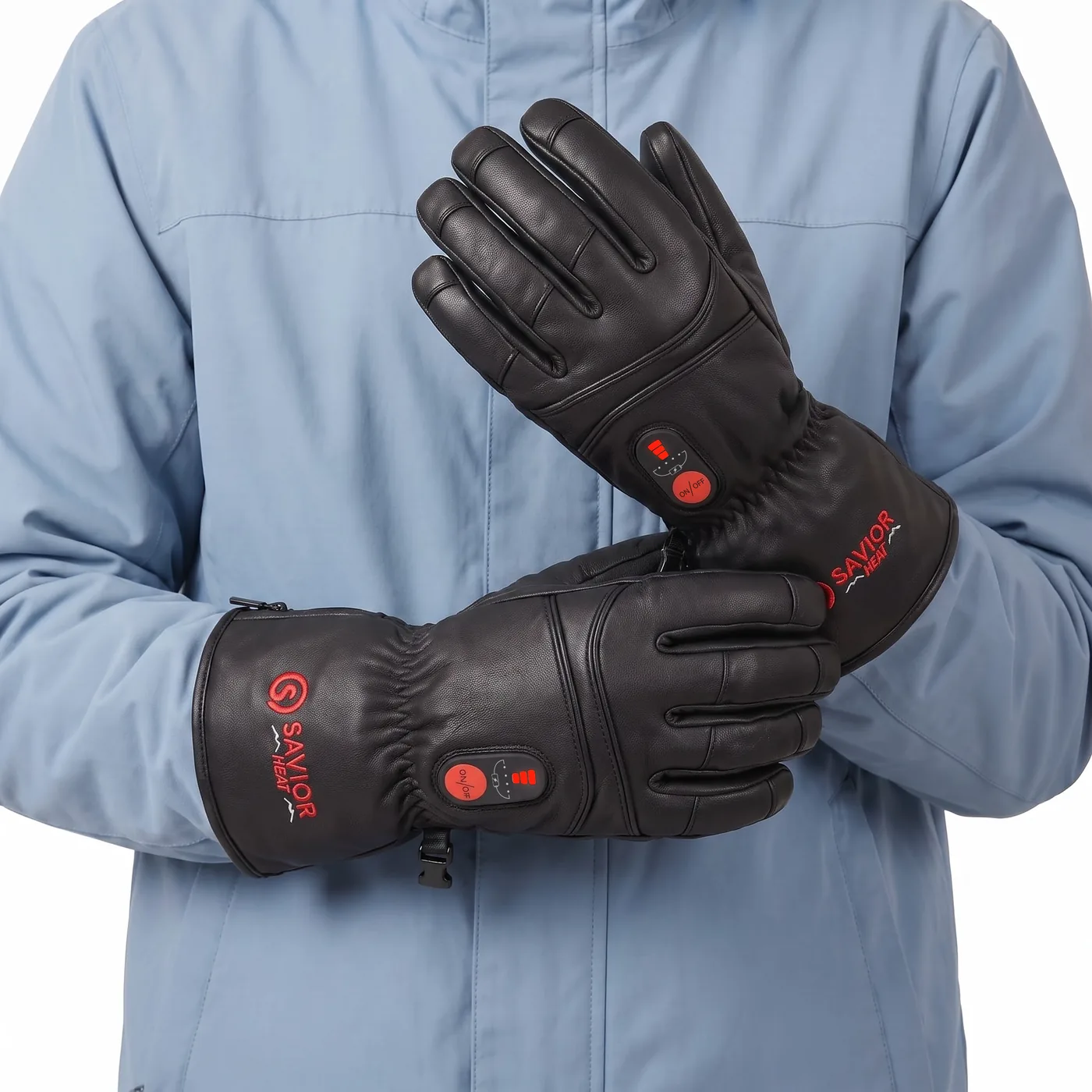 Savior Heat S06 Full-Leather Heated Gloves worn by model