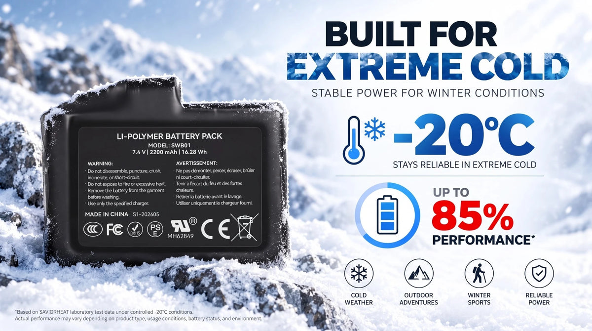 SAVIOR HEAT 2200mAh battery shown in extreme cold conditions with -20°C performance information.