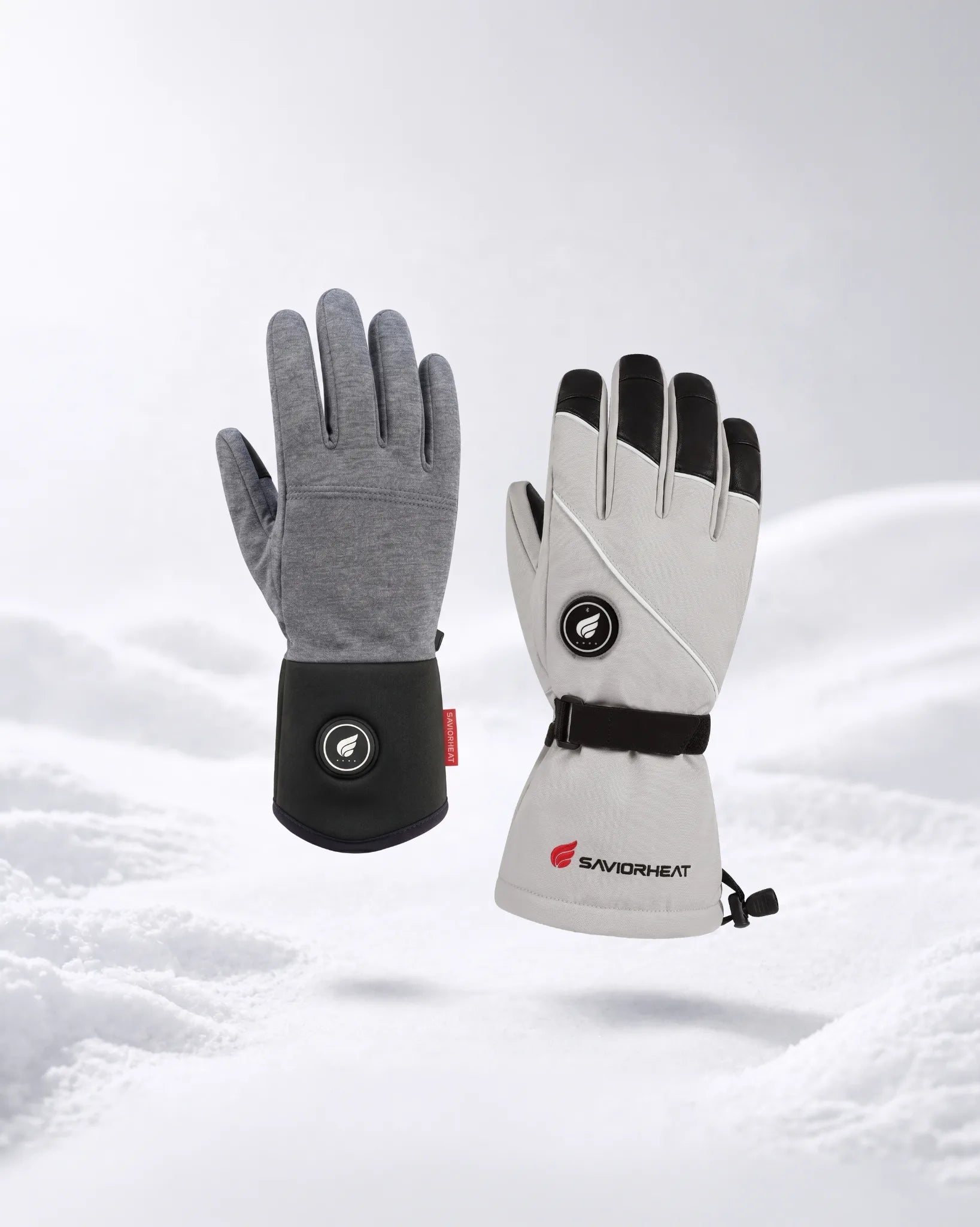 Savior Heat heated gloves in gray and white on a snowy winter background