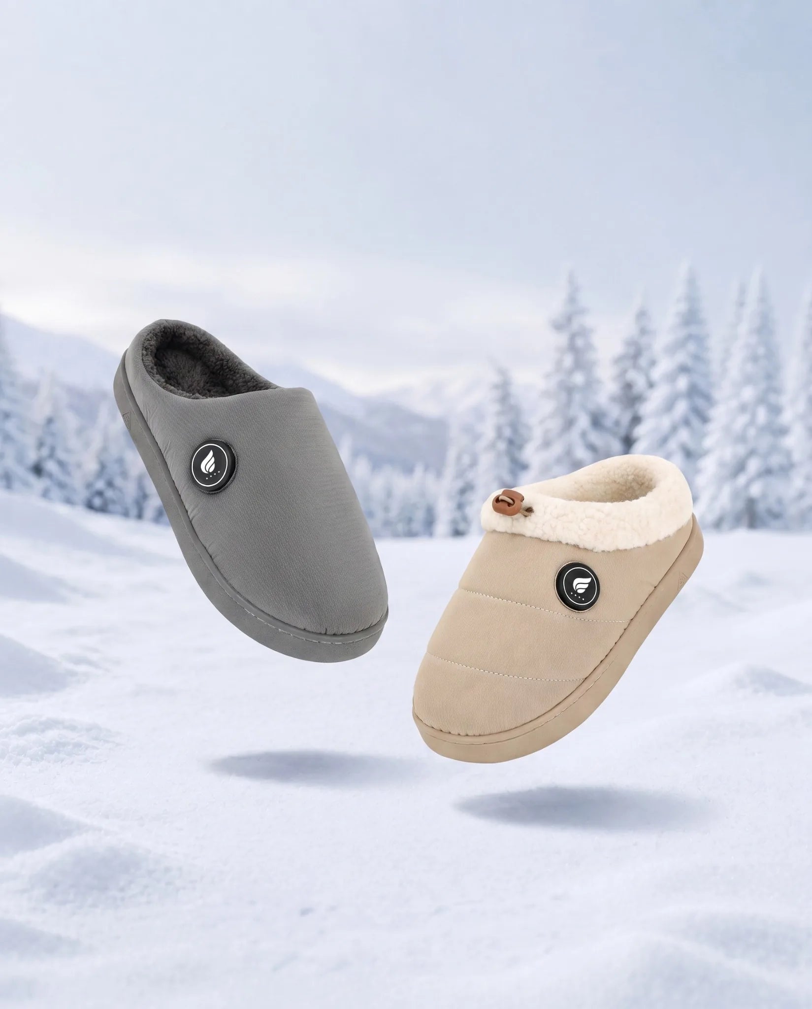 Savior Heat heated slippers in gray and beige with soft lining on a snowy winter background